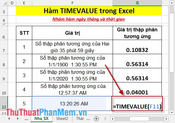 Hàm TIMEVALUE - Hàm trả về số thập phân của thời gian được biểu thị bằng chuỗi văn bản trong Excel