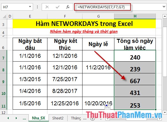 Hàm NETWORKDAYS - Hàm trả về số ngày làm việc trọn vẹn giữa 2 ngày trong Excel