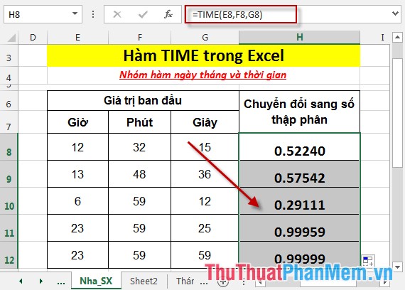 Hàm TIME - Hàm trả về số thập phân cho 1 giá trị thời gian cụ thể trong Excel