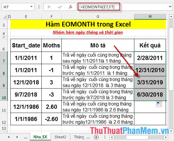 Hàm EOMONTH - Hàm trả về ngày cuối cùng trong tháng trước hoặc sau 1 ngày một số tháng xác định trong Excel
