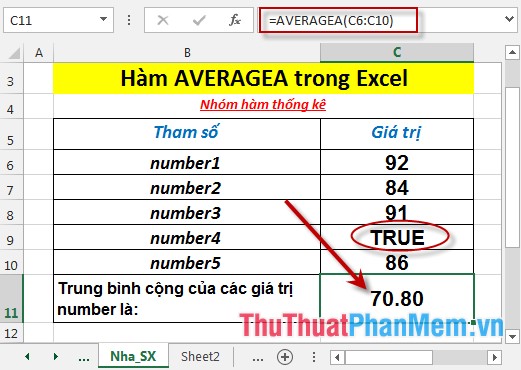 Hàm AVERAGEA - Hàm trả về giá trị trung bình cộng của các đối số bao gồm cả giá trị số, văn bản và logic trong Excel