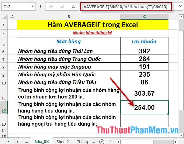 Hàm AVERAGEIF - Hàm trả về giá trị trung bình cộng của các đối số với điều kiện xác định trong Excel