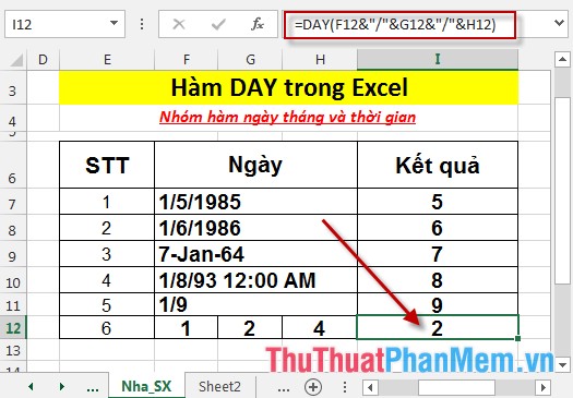 Hàm DAY - Hàm trả về giá trị ngày của ngày tháng cụ thể nào đó trong Excel