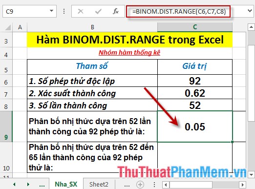 Hàm BINOM.DIST.RANGE - Hàm trả về xác suất của một kết quả thử nghiệm dùng phân bố nhị thức trong Excel