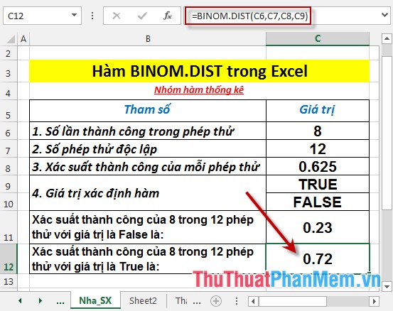 Hàm BINOM.DIST - Hàm trả về xác suất phân bố nhị thức của thuật ngữ riêng lẻ trong Excel