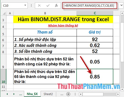 Hàm BINOM.DIST.RANGE - Hàm trả về xác suất của một kết quả thử nghiệm dùng phân bố nhị thức trong Excel