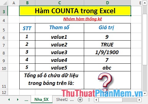 Hàm COUNTA - Hàm thực hiện đếm các ô không trống trong danh sách các đối số trong Excel