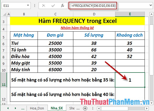 Hàm FREQUENCY - Hàm thực hiện tính và trả về tần suất xuất hiện của các giá trị trong một pham vi nào đó trong Excel
