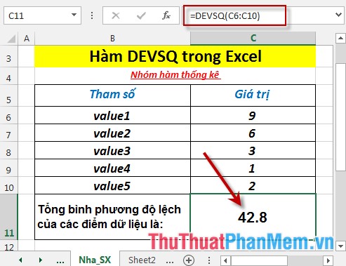 Hàm DEVSQ - Hàm trả về tổng bình phương độ lệch của các điểm dữ liệu từ trung độ mẫu trong Excel