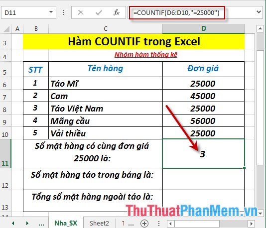 Hàm COUNTIF - Hàm thực hiện đếm số ô trong bảng dữ liệu thỏa mãn điều kiện nào đó trong Excel
