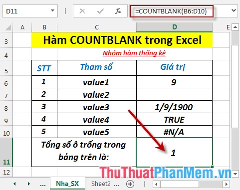 Hàm COUNTBLANK - Hàm thực hiện đếm các ô trống trong danh sách các đối số trong Excel