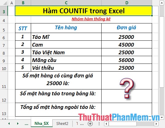 Hàm COUNTIF - Hàm thực hiện đếm số ô trong bảng dữ liệu thỏa mãn điều kiện nào đó trong Excel
