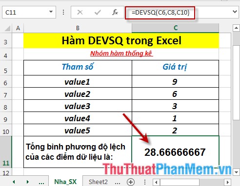 Hàm DEVSQ - Hàm trả về tổng bình phương độ lệch của các điểm dữ liệu từ trung độ mẫu trong Excel