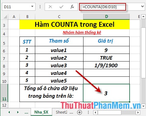 Hàm COUNTA - Hàm thực hiện đếm các ô không trống trong danh sách các đối số trong Excel