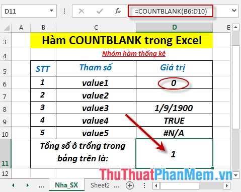 Hàm COUNTBLANK - Hàm thực hiện đếm các ô trống trong danh sách các đối số trong Excel