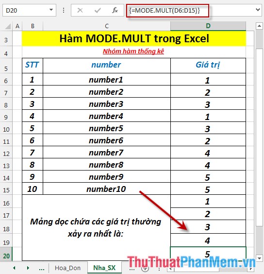 Hàm MODE.MULT - Hàm trả về một mảng dọc các giá trị thường xảy ra nhất trong Excel