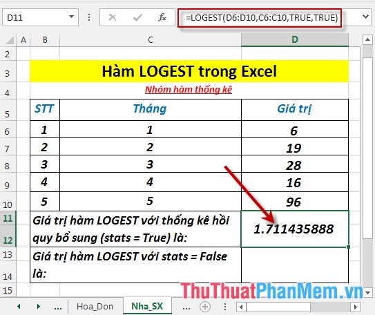 Hàm LOGEST - Hàm trả về mảng dữ liệu mô tả đường cong hàm mũ phù hợp với dữ liệu đã cho trong Excel