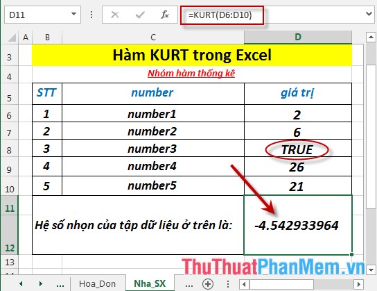 Hàm KURT - Hàm trả về hệ số nhọn của tập dữ liệu trong Excel