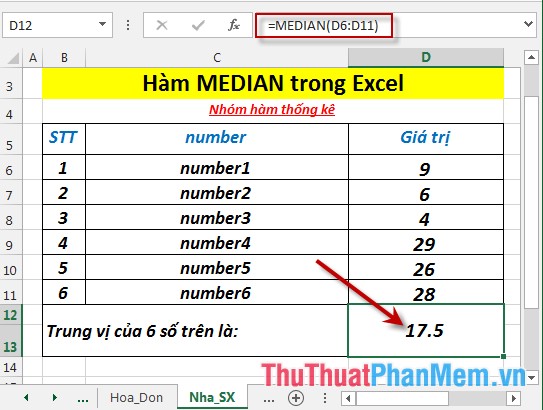 Hàm MEDIAN - Hàm trả về số trung vị của các số đã cho trong Excel