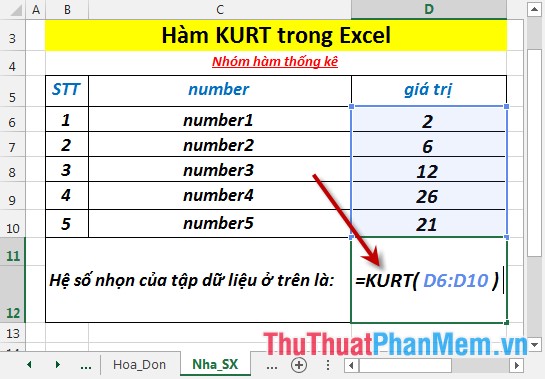 Hàm KURT - Hàm trả về hệ số nhọn của tập dữ liệu trong Excel