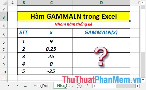 Hàm GAMMALN - Hàm trả về lô-ga-rít tự nhiên của hàm gamma, Γ(x) trong Excel