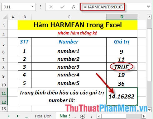Hàm HARMEAN - Hàm trả về trung bình điều hòa của một tập dữ liệu trong Excel