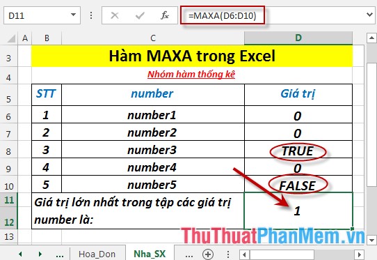 Hàm MAXA - Hàm trả về giá trị lớn nhất trong tập các giá trị bao gồm cả giá trị văn bản và logic trong Excel