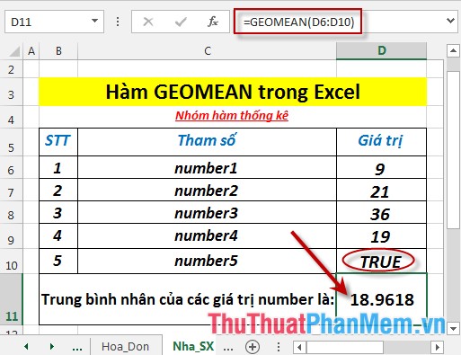 Hàm GEOMEAN - Hàm trả về trung bình nhân của một mảng hoặc phạm vi dữ liệu dương trong Excel