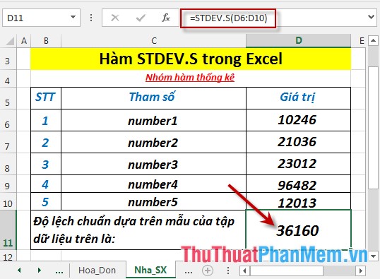Hàm STDEV.S - Hàm trả về độ lệch chuẩn dựa trên mẫu trong Excel