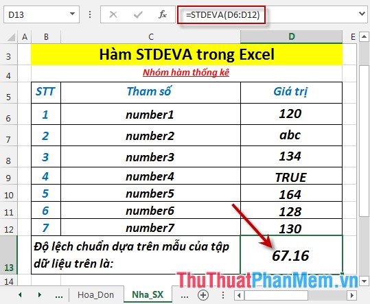 Hàm STDEVA - Hàm ước tính độ lệch chuẩn dựa trên mẫu bao gồm cả giá trị văn bản và logic trong Excel