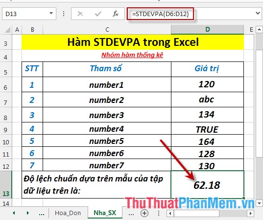 Hàm STDEVPA - Hàm ước tính độ lệch chuẩn dựa trên toàn bộ tổng thể bao gồm cả giá trị văn bản và logic trong Excel