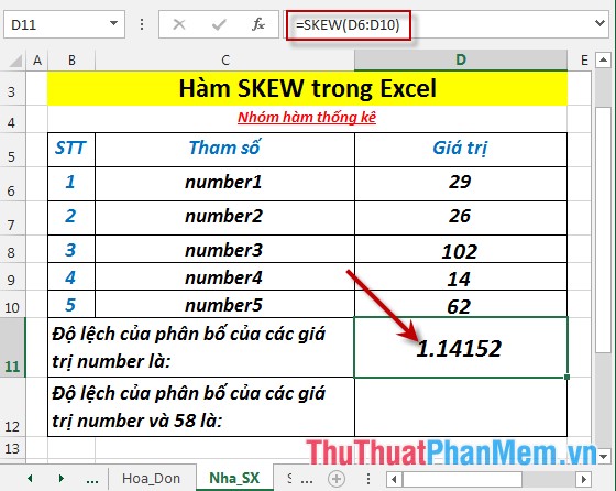 Hàm SKEW - Hàm trả về độ lệch của phân bố trong Excel