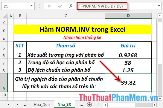 Hàm NORM.INV - Hàm trả về giá trị nghịch đảo của phân bố lũy tích chuẩn trong Excel