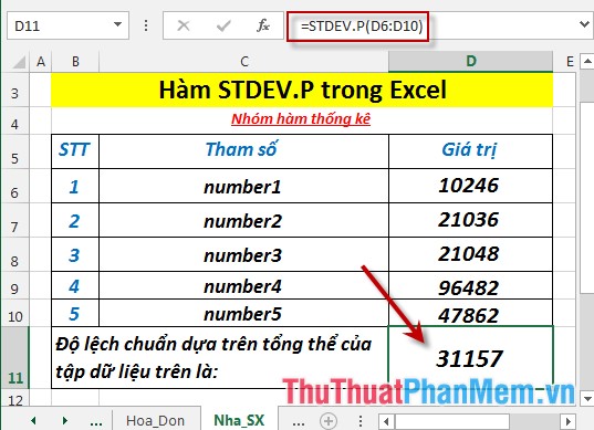 Hàm STDEV.P - Hàm trả về độ lệch chuẩn dựa trên toàn bộ tổng thể trong Excel