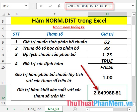 Hàm NORM.DIST - Hàm trả về phân bố chuẩn với độ lệch chuẩn và giá trị trung độ đã xác định trong Excel