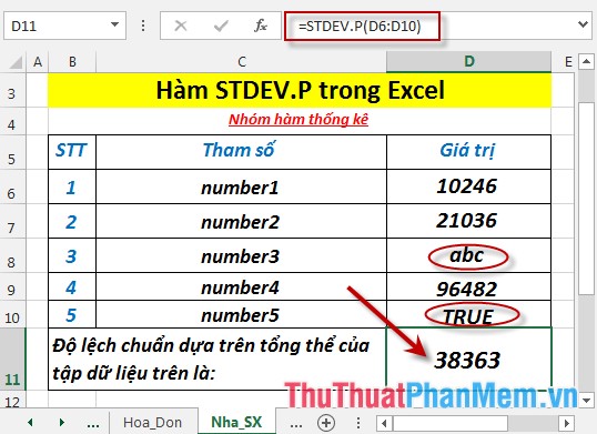 Hàm STDEV.P - Hàm trả về độ lệch chuẩn dựa trên toàn bộ tổng thể trong Excel