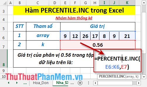 Hàm PERCENTILE.INC - Hàm trả về phân vị thứ k của các giá trị trong phạm vi với k nằm trong đoạn từ 0 tới 1 trong Excel