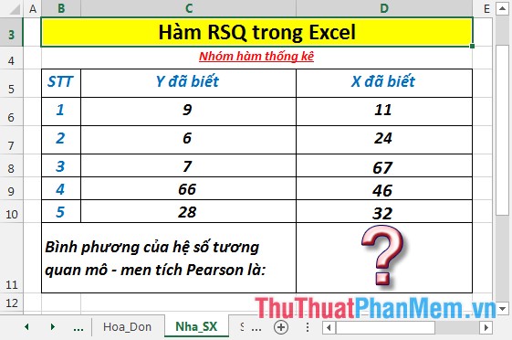 Hàm RSQ - Hàm trả về bình phương của hệ số tương quan mô-men Pearson trong Excel