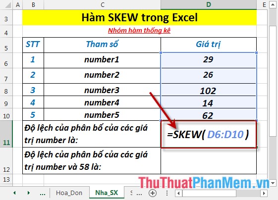 Hàm SKEW - Hàm trả về độ lệch của phân bố trong Excel