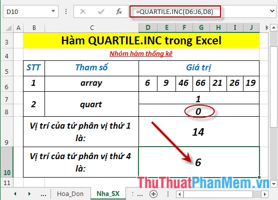 Hàm QUARTILE.INC - Hàm trả về tứ phân vị của tập dữ liệu bao gồm cả giá trị 0 và 1 trong Excel
