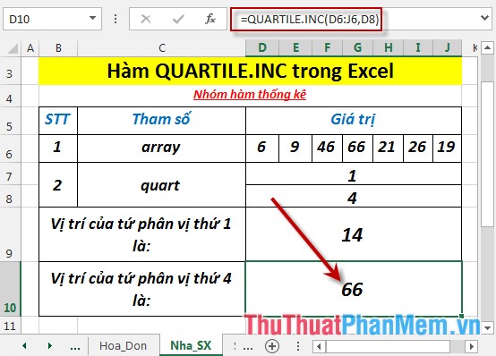 Hàm QUARTILE.INC - Hàm trả về tứ phân vị của tập dữ liệu bao gồm cả giá trị 0 và 1 trong Excel