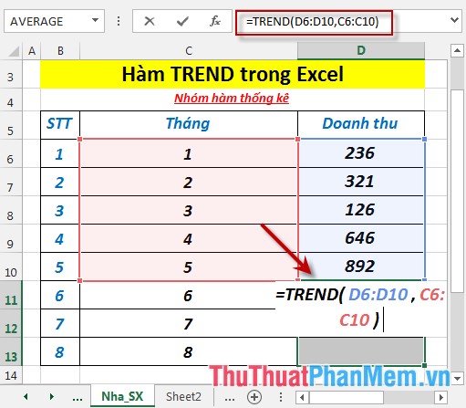 Hàm TREND - Hàm trả về các giá trị theo xu hướng tuyến tính trong Excel