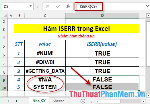 Hàm ISERR - Hàm trả về giá trị True nếu giá trị là bất kì lỗi nào ngoại trừ lỗi #N/A trong Excel