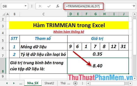 Hàm TRIMMEAN - Hàm trả về trung bình phần bên trong của tập dữ liệu trong Excel