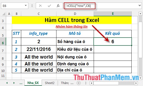 Hàm CELL - Hàm trả về thông tin về định dạng hoặc nội dung của 1 ô trong Excel
