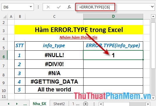 Hàm ERROR.TYPE - Hàm trả về số tương ứng với một trong các giá trị lỗi trong Microsoft Excel