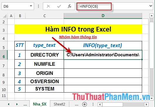 Hàm INFO - Hàm trả về thông tin môi trường điều hành hiện tại trong Excel