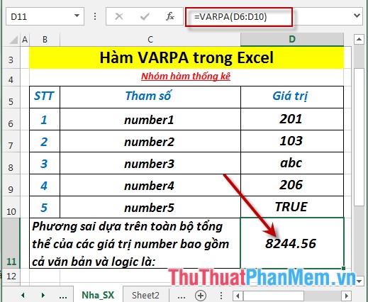 Hàm VARPA - Hàm thực hiện tính toán phương sai dựa trên toàn bộ tập hợp, bao gồm cả giá trị logic và văn bản trong Excel