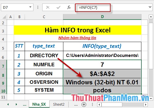 Hàm INFO - Hàm trả về thông tin môi trường điều hành hiện tại trong Excel