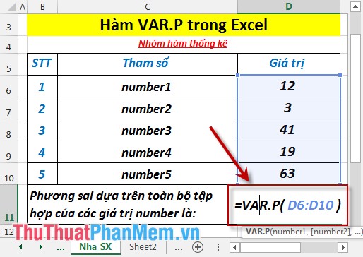Hàm VAR.P - Hàm thực hiện tính toán phương sai dựa trên toàn bộ tập hợp, bỏ qua giá trị logic và văn bản trong Excel